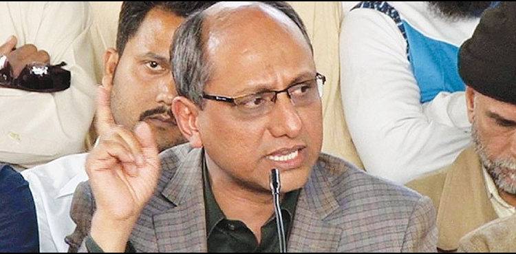 Sindh Minister for Information and Labour Saeed Ghani talks to media