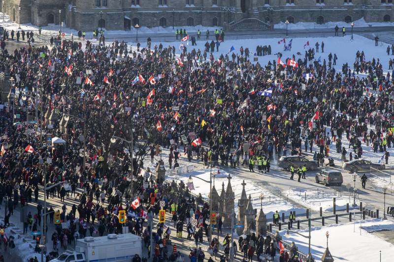 Supporters arrive at Parliament Hill for the Freedom Truck Convoy to protest against Covid-19 vaccine mandates and restrictions in Ottawa, Canada. AFP