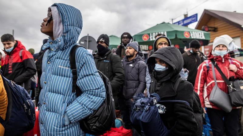 Refugees from many diffrent countries - from Africa, Middle East and India - mostly students of Ukrainian universities are seen at the Medyka pedestrian border crossing fleeing the conflict in Ukraine, in eastern Poland. AFP