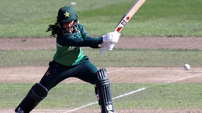 Pakistan’s Sidra Ameen plays a shot during the 2022 Women\'s Cricket World Cup match between Pakistan and Bangladesh at Seddon Park in Hamilton. AFP