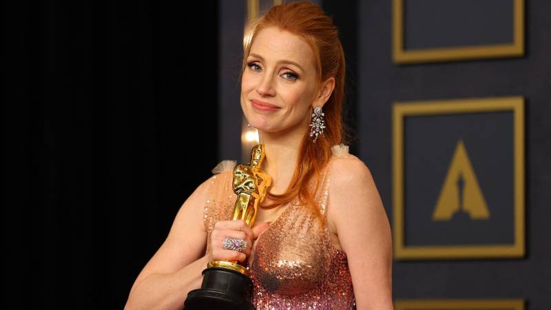 Jessica Chastain, winner of the Actress in a Leading Role award for ‘The Eyes of Tammy Faye’ poses in the press room during the 94th Annual Academy Awards at Hollywood and Highland. AFP