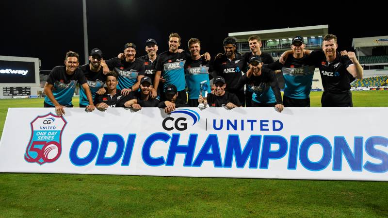 New Zealand team with the trophy after winning the 3rd and final ODI match between West Indies and New Zealand at Kensington Oval, Bridgetown, Barbados. AFP