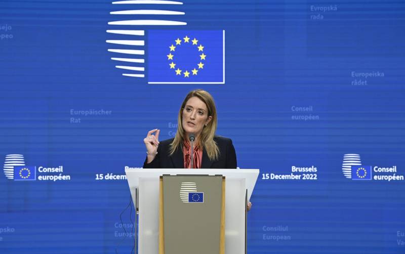 European Parliament President Roberta Metsola attends a press conference during European Council Summit in Brussels. AFP
