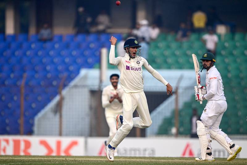 India's Shubman Gill celebrates after the dismissal of Bangladesh's Nurul Hasan. AFP