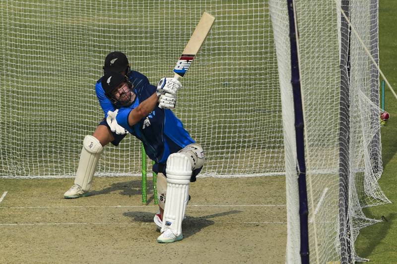 New Zealand's Blair Tickner plays a shot during a training session ahead of their first Test against Pakistan at the National Stadium in Karachi. AFP
