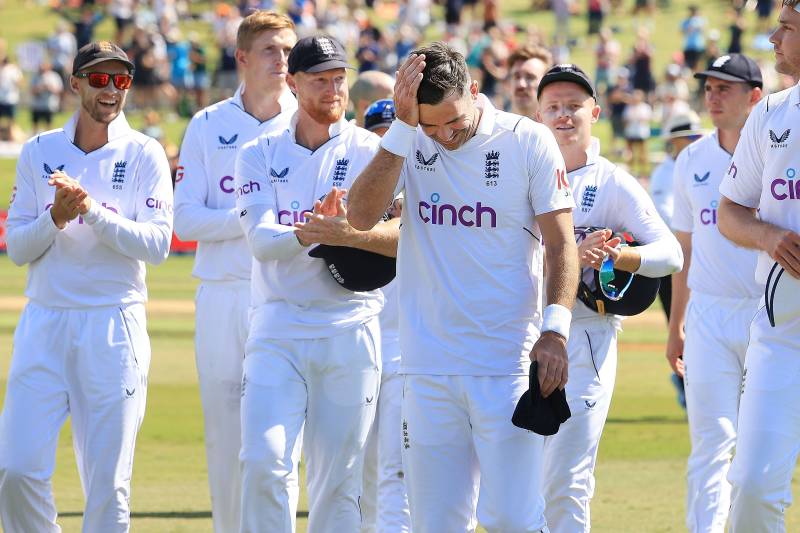 England's James Anderson walks from the field with teammates after their win during day four of the first cricket Test match between New Zealand and England at Bay Oval in Mount Maunganui on Sunday. AFP 