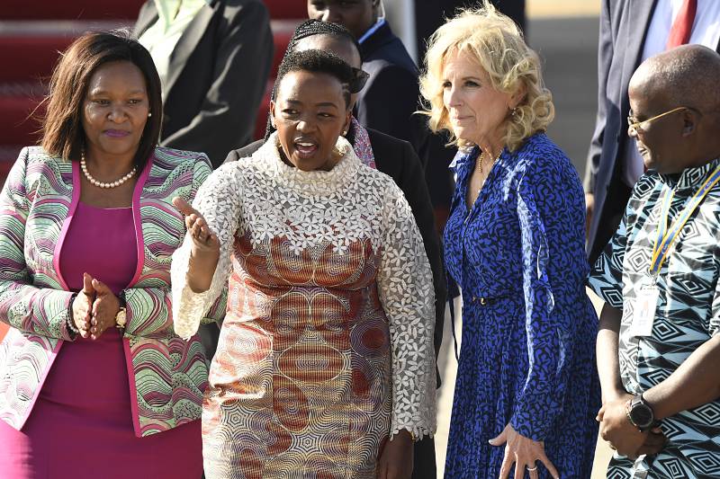 Kenyan First Lady Rachel Ruto (2nd L) welcomes US First Lady Jill Biden (2nd R) upon her arrival at the Jomo Kenyatta International Airport in Nairobi. AFP