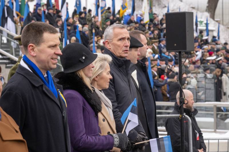 (L-R) The President of Estonia's Parliament Riigikogu Jüri Ratas, Estonia's Prime Minister Kaja Kallas, European Commission President Ursula von der Leyen and NATO Secretary General Jens Stoltenberg attend a military parade during festivities on the occasion of Estonia’s Independence Day at Freedom Square in Tallinn, Estonia, on February 24, 2023, the first anniversary of Russia's invasion of Ukraine. AFP 
