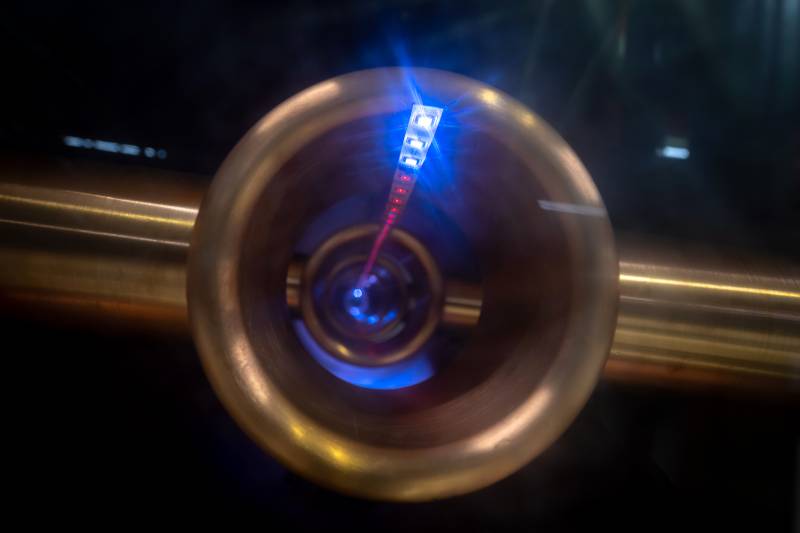 A radio frequency particle accelerator is displayed in an exhibition during a press tour at the European Organisation for Nuclear Research (CERN) on the Future Circular Collider (FCC) feasibility study, in Geneva, on April 19, 2023. Environment, seismology, geology, the CERN is launching its first field analyse to build a particle accelerator three times longer than the current Large Hadron Collider (LHC) which will be completed in 2040. AFP