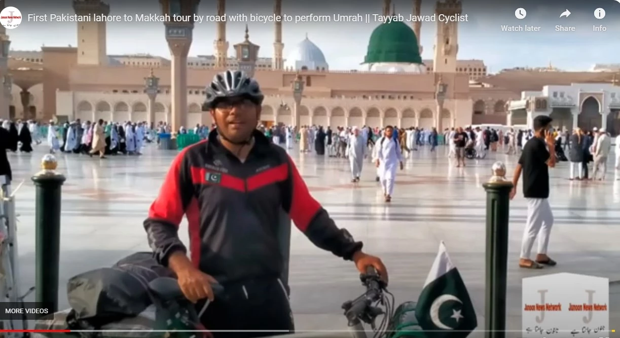 A young pilgrim cycles to Saudi Arabia for Umrah