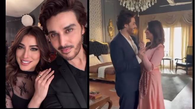 Mehwish Hayat and Ahsan Khan having fun and laughter on set