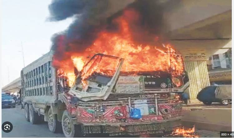 Five dumpers, four water tankers torched after woman’s death in Karachi