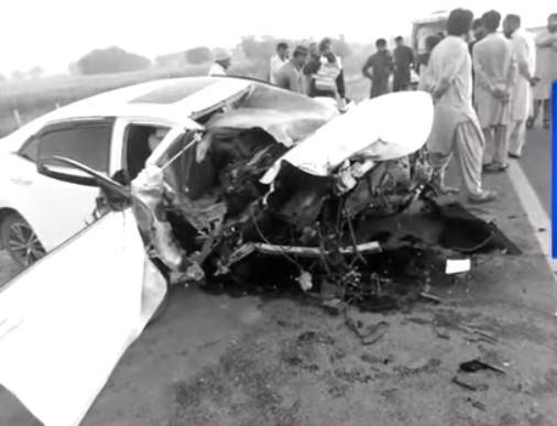 Woman among two die as car overturns after tire burst in Shujaabad