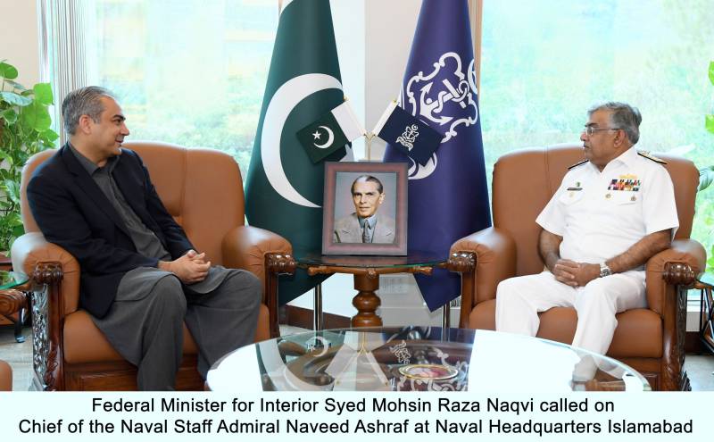 Federal Minister For Interior Mohsin Naqvi calls on Chief Of The Naval Staff at Naval Headquarters