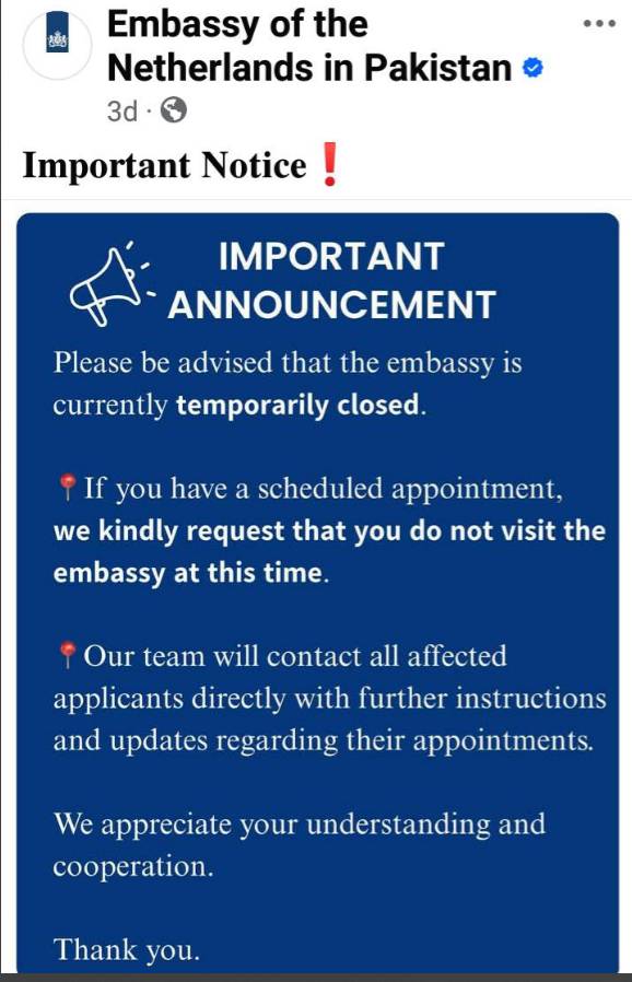 Netherlands Embassy in Islamabad temporarily closed 