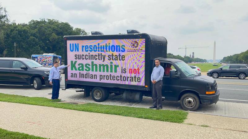 Digital billboard trucks flash messages around Washington demanding end to India's Settler Colonialism in Kashmir 