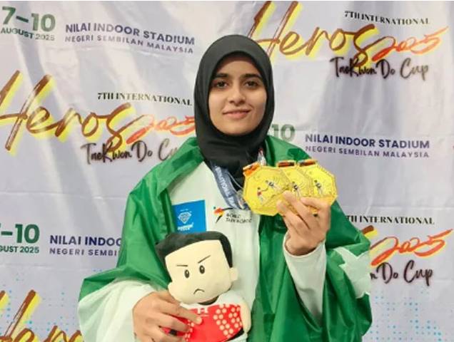 Tayiba Ashraf wins 3 gold medals at 2025 Taekwondo Championship in Malaysia