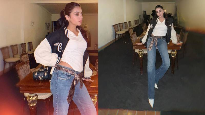 Yashma Gill shows off bomber jacket and low-rise jeans