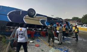 Three killed, 20 injured as passenger bus crashes near Bhera interchange