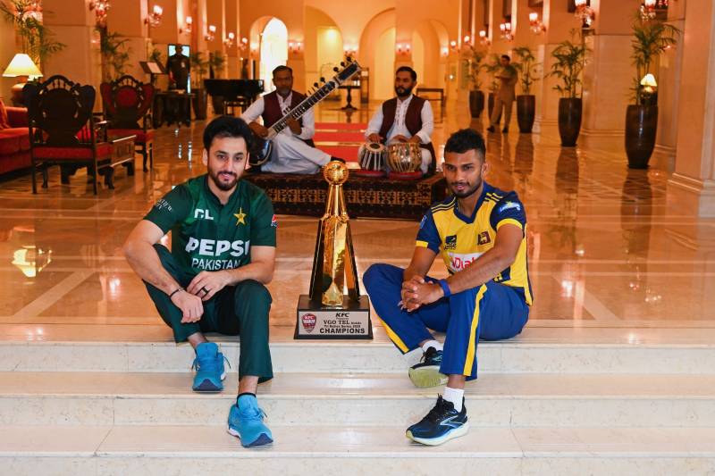 Agha, Shanaka pose with trophy on eve of T20I tri-series final