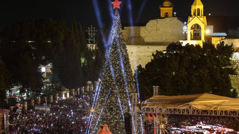 Bethlehem Christmas tree lit up for first time since Gaza war