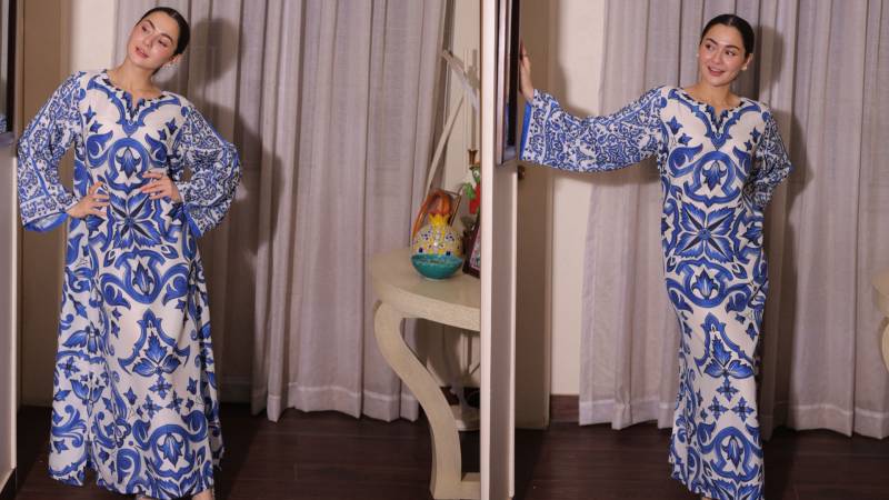 Hania Aamir turns head in blue and white winter kaftan