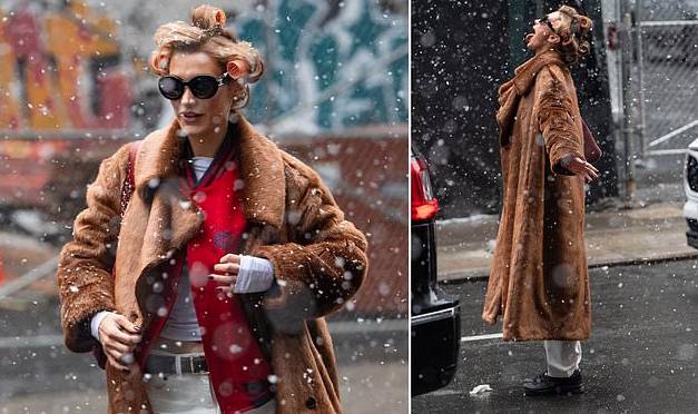 Bella Hadid braves hair rollers in NYC snow