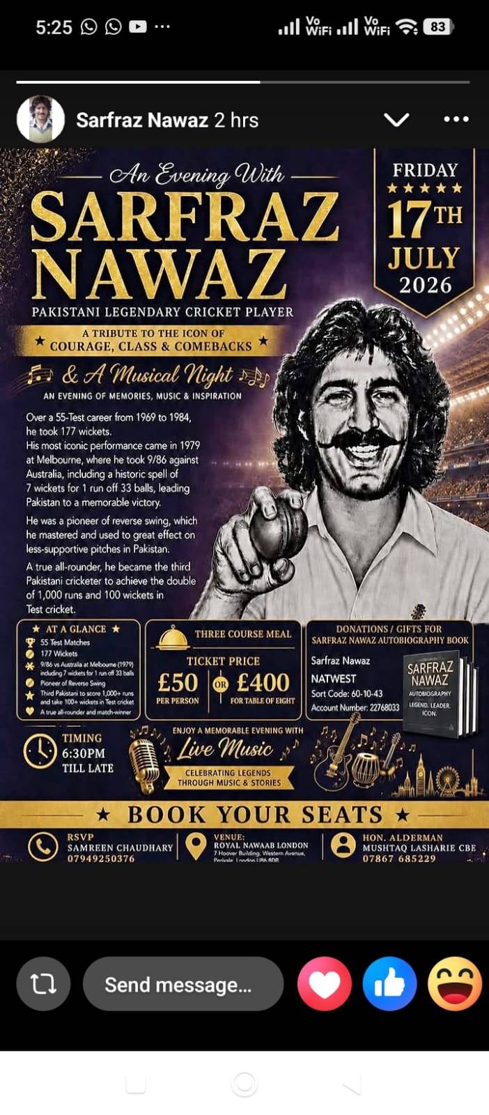 London to honour legend crickter Sarfraz Nawaz at special tribute evening