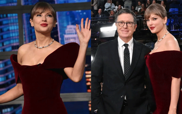 Taylor Swift stuns in $1,695 luxe velvet minidress for Stephen Colbert's The Late Night Show 