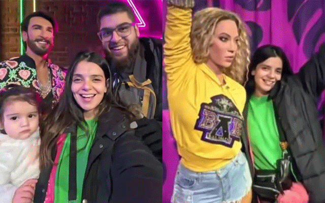 Srha Asghar poses with Ranveer Singh and Beyonce at Madame Tussauds