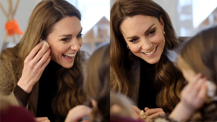 Princess Kate shows young girl how to hear the sea in a shell on royal visit